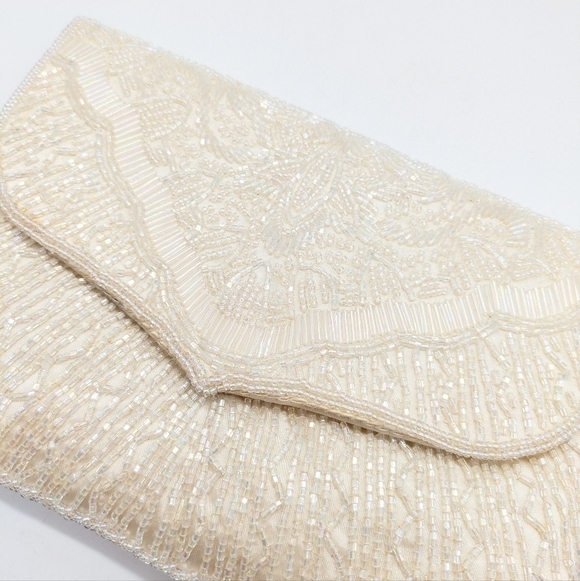 Vintage off white fully beaded snap close small clutch handbag - Picture 3 of 9